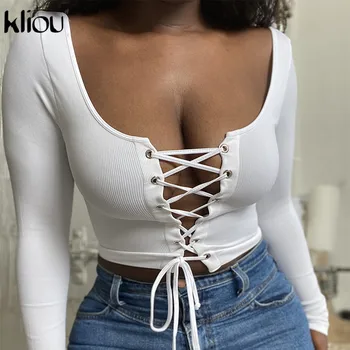 

Kliou Women Sexy Hollow Out Crossed Bandage T-Shirt Slash Neck Long Sleeve Crop Top 2020 Autumn Hot Party Clubwear Streetwear