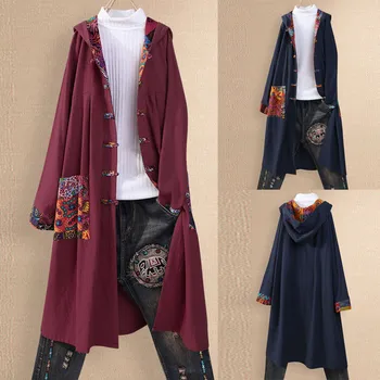 

New Women's Casual Mid Coat Lapel Slim Cardigan Plus Size Women Print Button Pocket Shirts Loose Cardigan Patchwork Hooded Coat