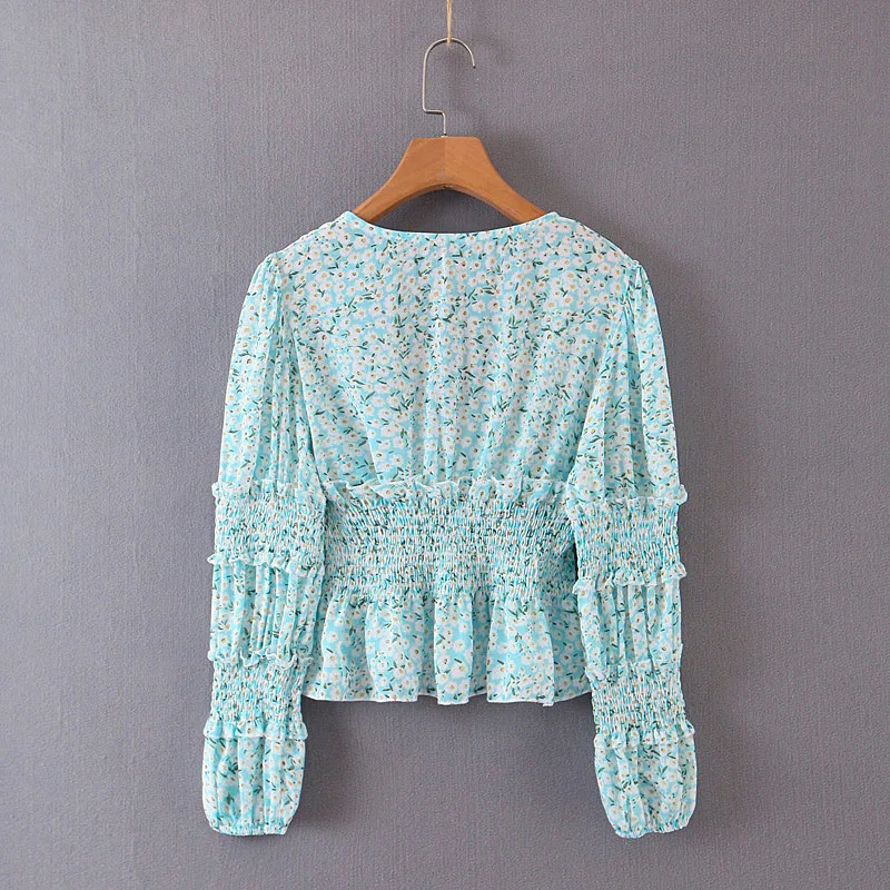 Conmoto Мода Boho Цветочный Принт синие женские короткие топы и блузка женская осень зима фонарь рукав v-образный вырез шифоновая рубашка