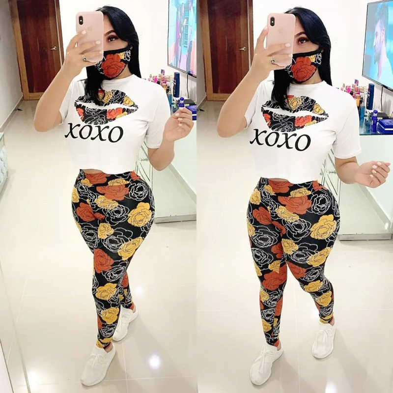 ladies loungewear T Shirt Pants Mask Women Three Piece Set 2020 Summer Short Sleeve O neck Tops And Print Trousers Leggings Casual Set New blazer and pants set Women's Sets