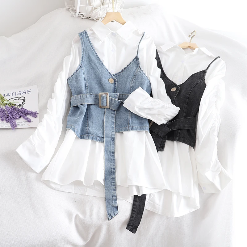 

Spring new trendy net red with white mid-length long-sleeved shirt + denim vest