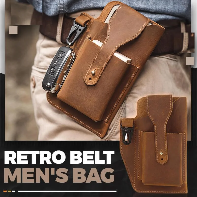 Retro Belt Waist Men's Bag Sports Running Outdoor Sports Cell Phone Leather Waist Bag For 2 Phone Men Multi-Function Key Pen Be bucket tool bag