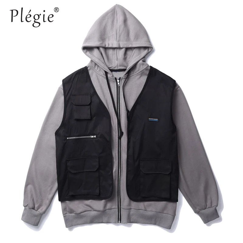 

Plegie Multi Pockets Fake Two Pieces Zip Up Vest Hooded Sweatshirt Coats Jackets Jumper Streetwear Hip Hop Casual Unisex Outwear
