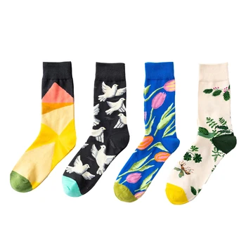 

Cotton Socks Men Casual Harajuku Style Creative Colorful Funny Women Socks Tube Painting Flowers Birds Sketch Skateboard Unisex