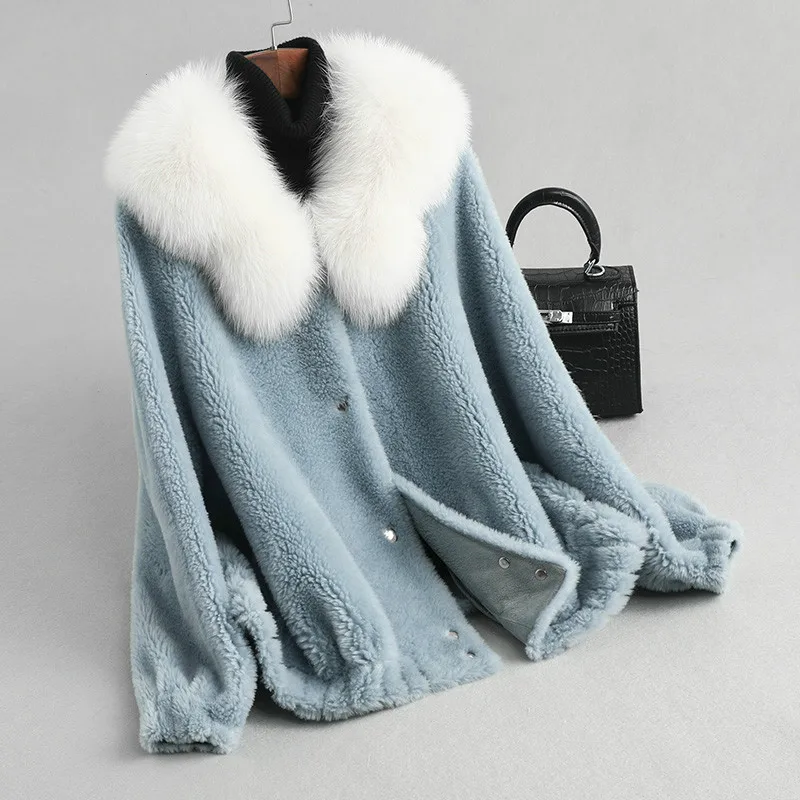 light blue Воротник из лисьего меха,, шерстяная куртка с натуральным мехом, пальто, Осень-зима, пальто, женская одежда,, корейские, винтажные, овечья шерсть, топы, ZT3552 - Цвет: light blue