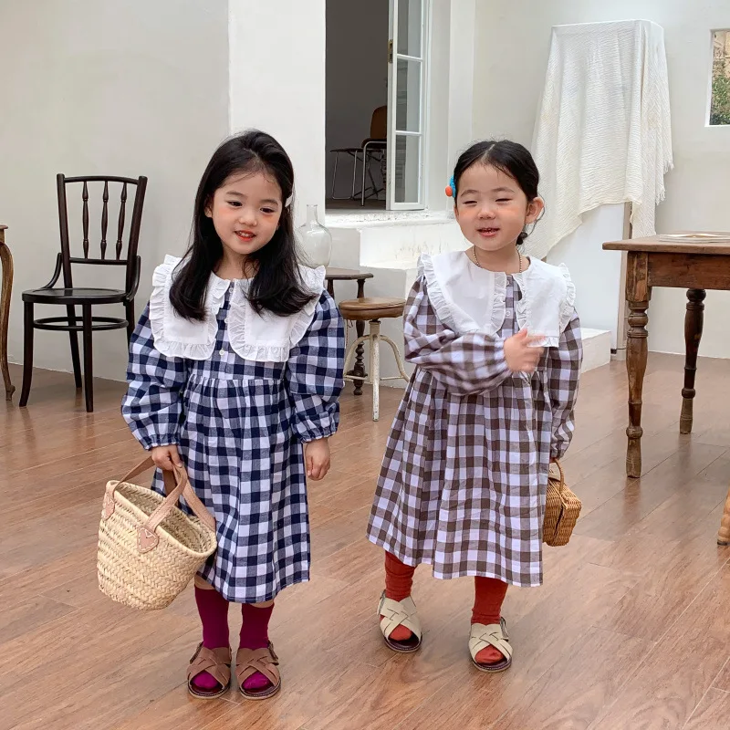 

Children 2022 Spring New Toddler Girls Clothing Big Lapel Baby Long Sleeve Princess Lace Dresses Casual Ruffles Plaid Clothes
