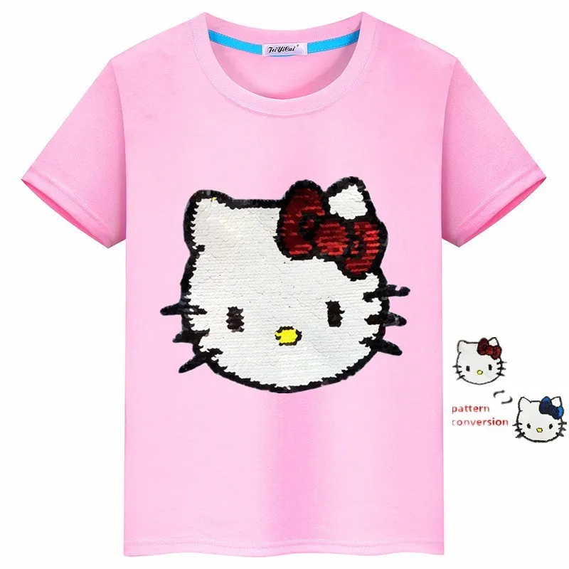 Летние футболки для девочек с принтом «hello kitty»; хлопковая Детская футболка с Микки Маусом и блестками; двухсторонние футболки для мальчиков-подростков; детская одежда; От 4 до 13 лет - Цвет: as picture