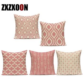 

Cotton Linen Pink Color Geometric Decorative Pillows Case Stripe Circle Sofa Cushion Cover for Girl's Bedroom Decoration