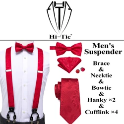 Hi-Tie Silk Men Suspender Jacquard Braces Bowtie Neck Tie Hankerchief Cufflinks Set 6 Clips Vintage High Quality Adjustable Gift