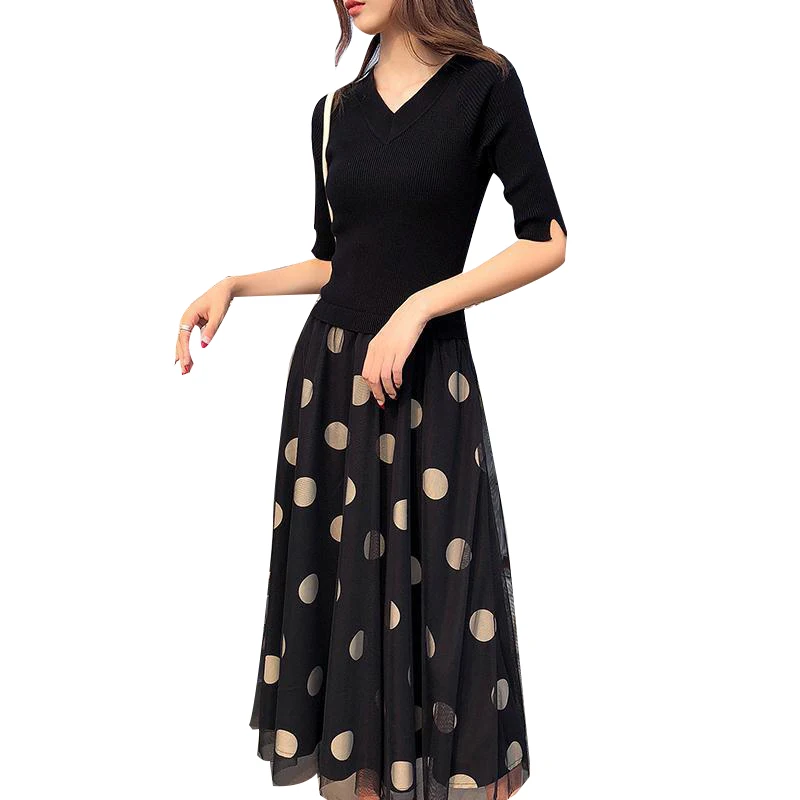 

Women's Spring Summer Style Silk Dress Half Sleeve V-Neck Polka Dot Knitted Elegant Prairie Chic Style Dress AA3167