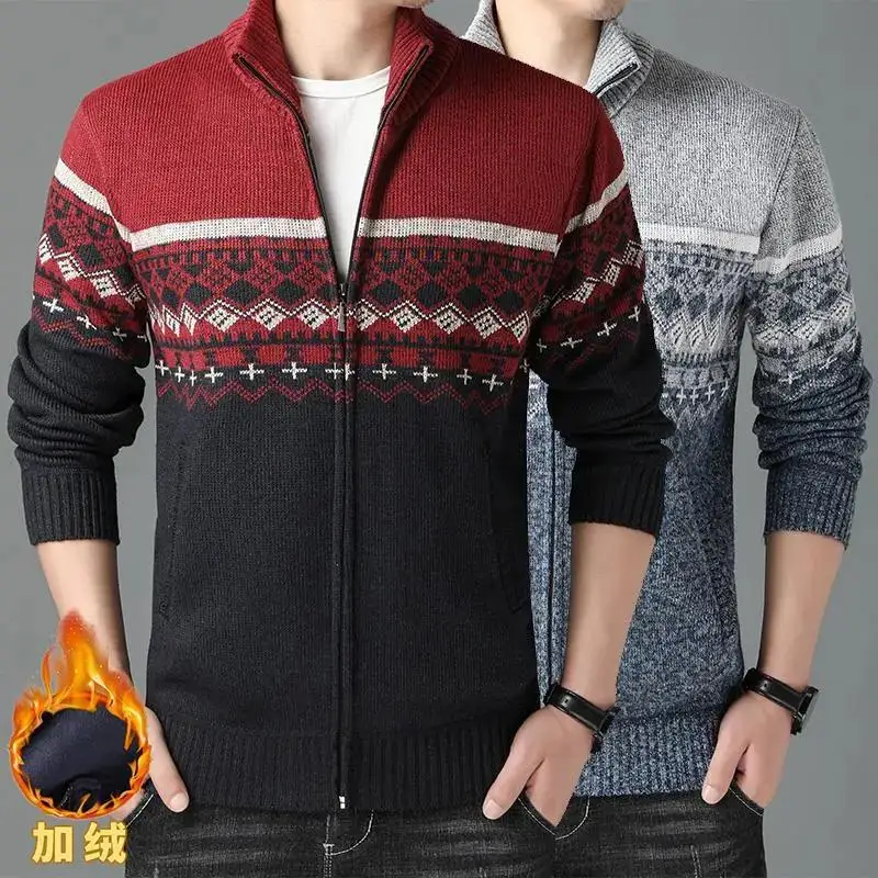 Autumn Winter Men Sweater Knit Cardigan Plush Hoodies Thick Stripe Fleece Wool Casual Cold Jacket High Quality Male Clothing