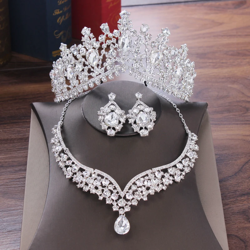 KMVEXO Baroque Crystal Water Drop Bridal Jewelry Sets Rhinestone Tiaras Crown Necklace Earrings Bride Wedding Dubai Jewelry Set