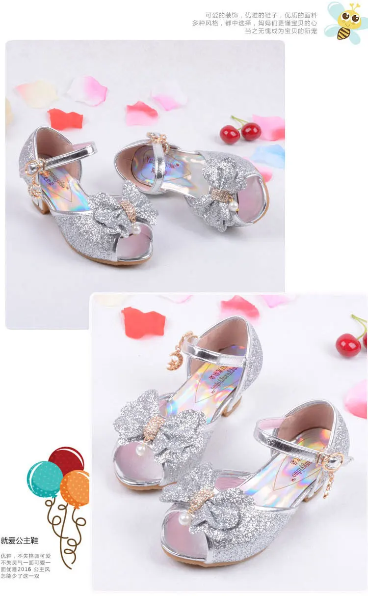 Брендовая Праздничная обувь принцессы для девочек; детские сандалии; обувь на высоком каблуке с разноцветными блестками; сандалии для девочек; летняя детская обувь с бантом