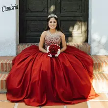 Элегантный темно-красная Милая бальное платье Пышное Платье без рукавов, кружевное, с аппликацией Бисер сладкий 16 платья Vestidos de 15 anos