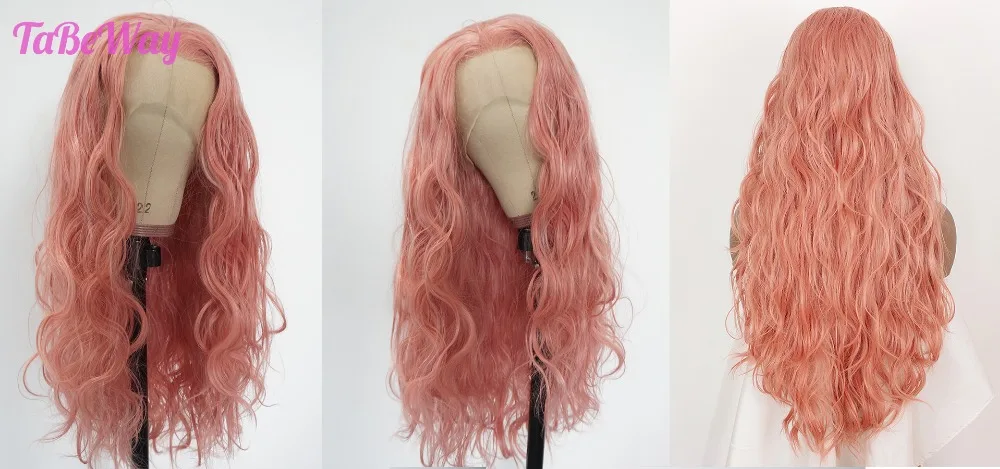 TaBeWay pink loose wave synthetic lace front wig long hair resistant glueless with natural hairline for women p