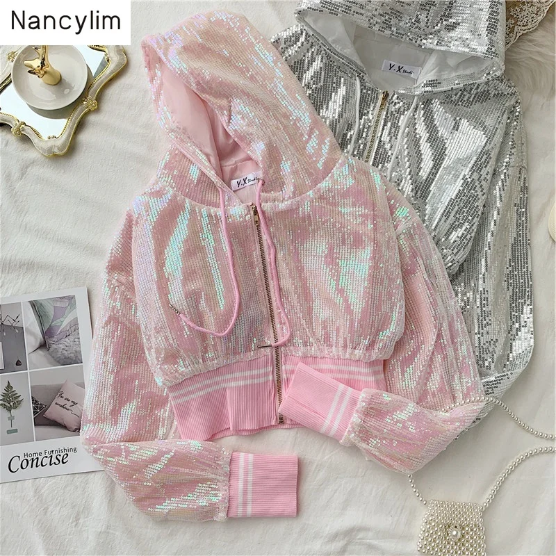 

Short Jacket Female Autumn Streetwear New Korean Student's Sequins Caps Long Sleeve Jackets Ins Fashion Coat Casaco Feminino