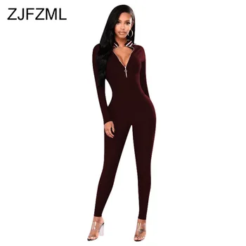 

Knitted Solid Curvy Bandage Jumpsuit For Women Stand Collar Full Sleeve Club Playsuit Open Sexy Chest Zipper One Piece Overall