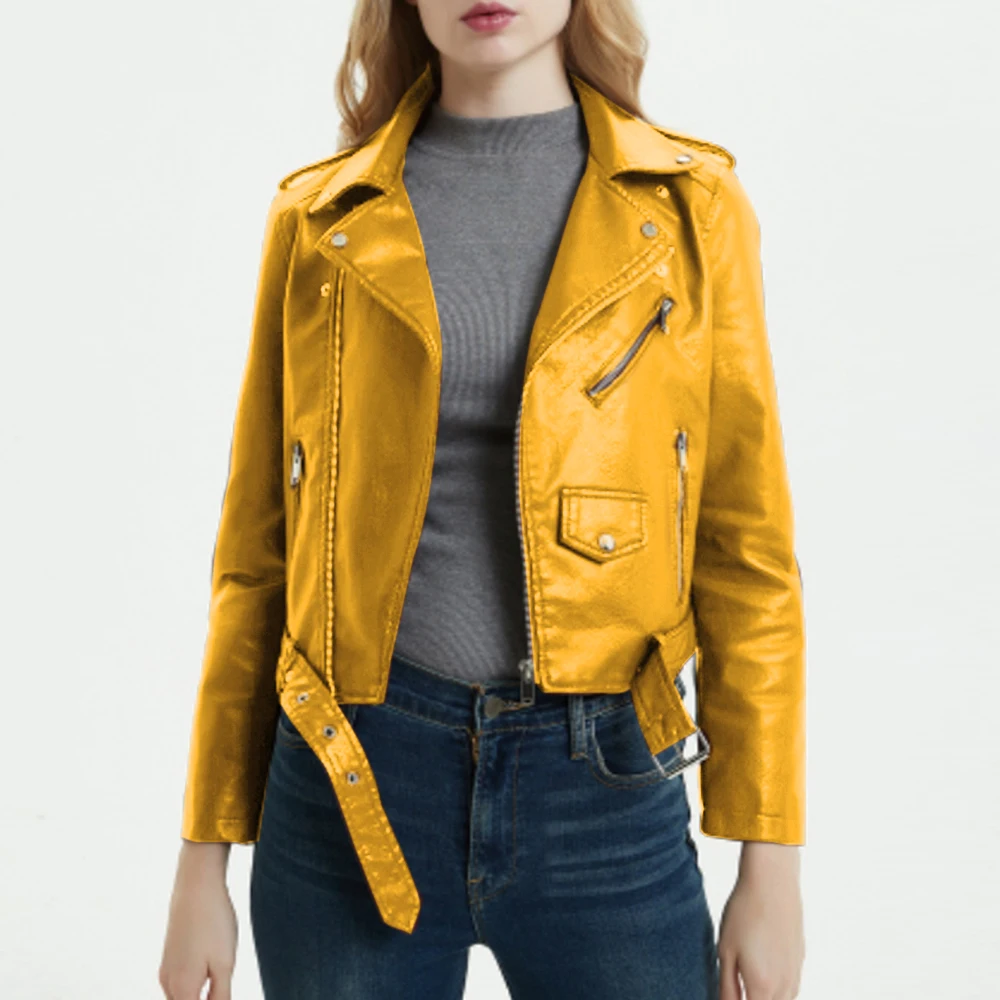 Новое поступление брендовые зимние осенние мотоциклетные кожаные куртки желтая кожаная куртка женское кожаное тонкое пальто куртка из искусственной кожи