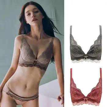 

Fashion Thick Cup Lingerie Wireless Sexy Small Breast Push Up Gather Lace Lotus Side Bras For Women Floral Embroidery Breathable