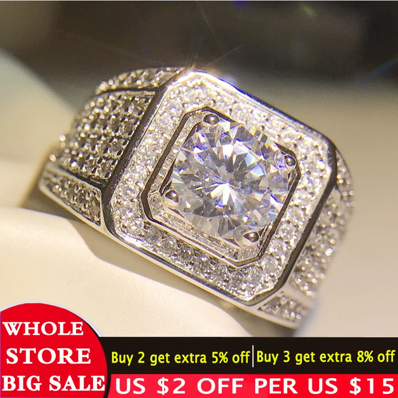 

LMNZB Top Quality 100% 925 Silver Big Hip Hop Rhinestone Men Iced Out Bling Square Ring Pave Setting CZ Wedding Engagement Rings