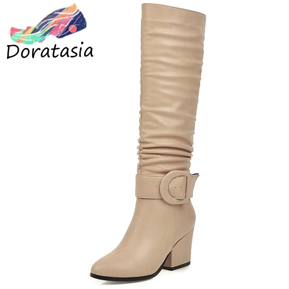 

DORATASIA New Fashion Girl Buckle Belt Square Heels Boots Mid Calf Boots Women 2020 Slip On Winter Shoes Woman