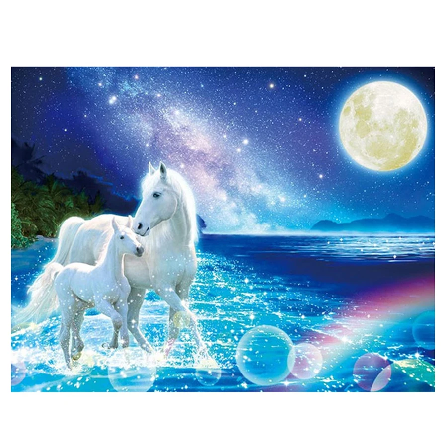 5D Diy Diamond Painting cross stitch Full Square Daimond Embroidery Animal sea Two Horse Rhinestones Painting Mosaic home decor