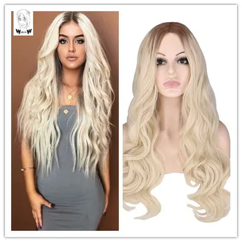 

WHIMSICAL W Long Curly Wigs For Women 2 Tone Ombre Brown Ash Blonde Natural Middle Part Heat Resistant Hair Synthetic Wig