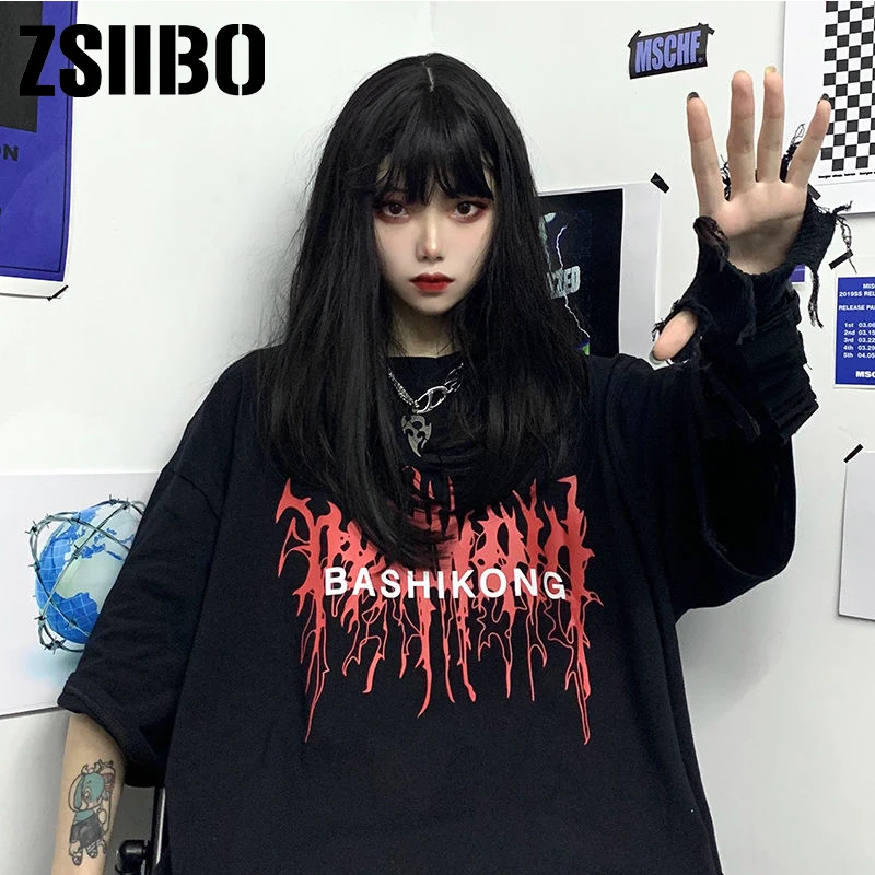 Harajuku Sleeve T Shirt Letter Print Vintage T-shirt Streetwear Oversize tops clothes Summer Short Punk Gothic HipHop Tshirt