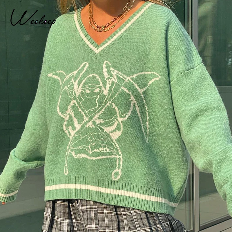 Weekeep-suéter con estampado elegante para mujer, ropa de calle de gran tamaño, Jersey de punto informal para otoño e invierno, suéteres de punto sueltos a la moda, Y2K