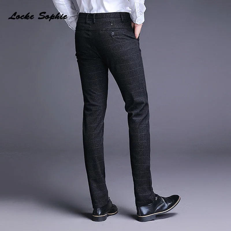 High waist Men's Plus size Pencil pants trousers Autumn New Fashion cotton plaid suit pants men Skinny business trousers