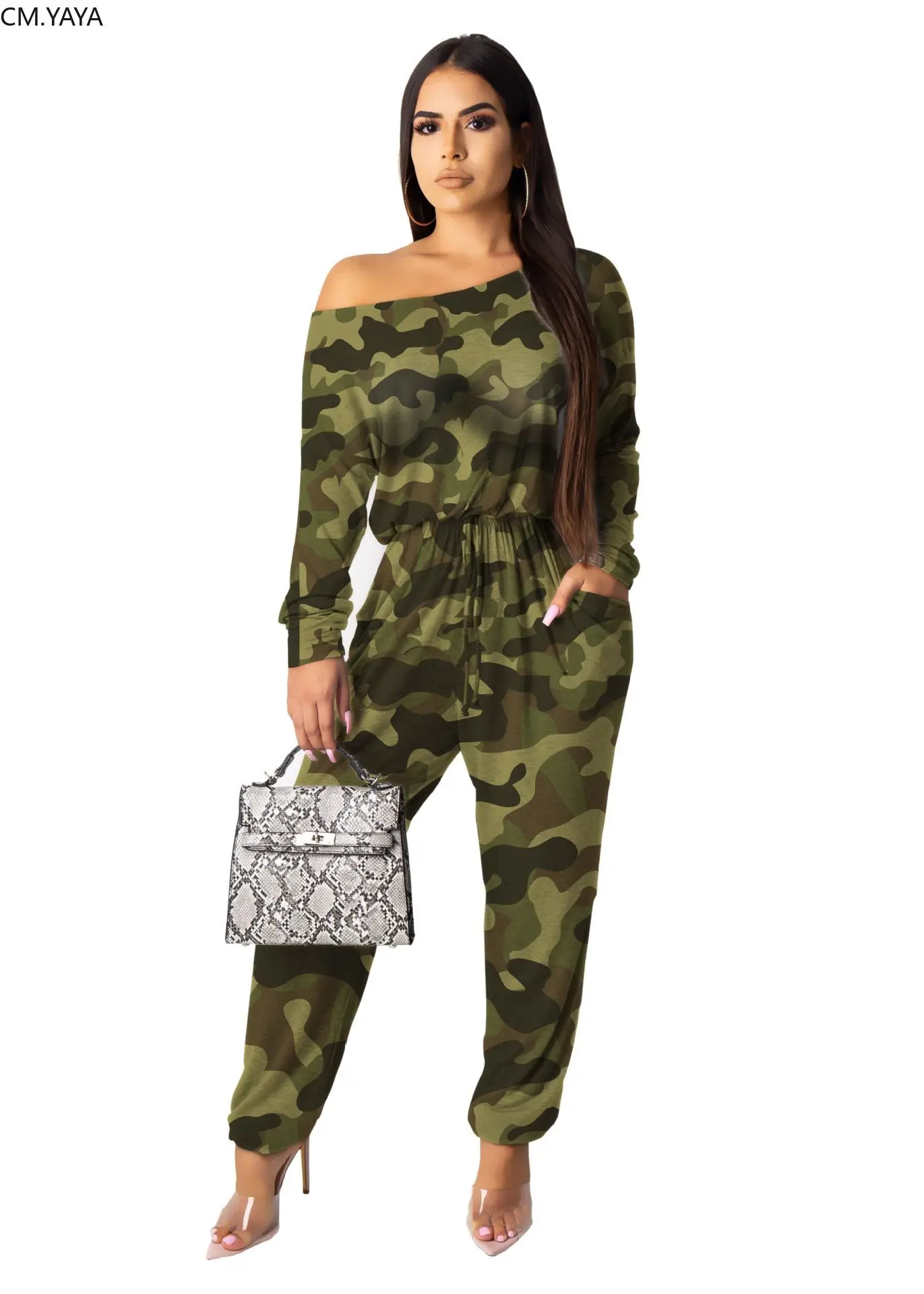 

2019 autumn women camouflage leopard print off shoulder jumpsuit elegant high waist long sleeve playsuit sporting romper GL258