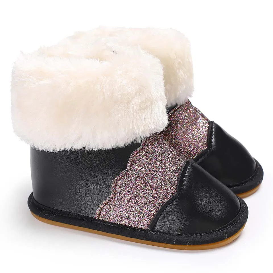 Newborn Baby Boots Winter Bebe Boy First Walkers Leather Baby Girl Shoes Fur Snow Super Warm Prewalker Soft Sole No-slip Booties - Цвет: Black
