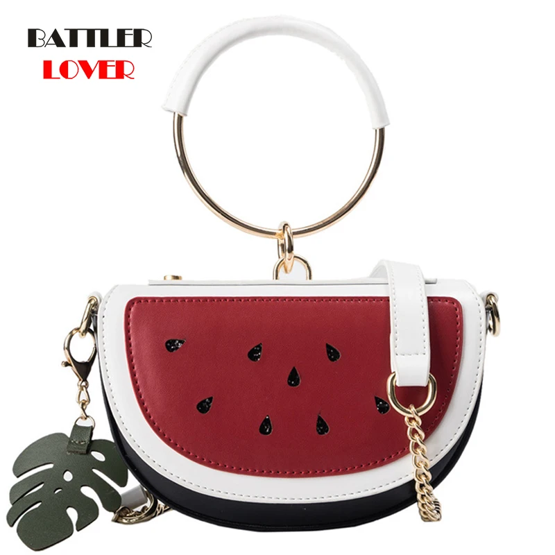 2019 Summer New Female Bag PU Leather Women Bag Cute Fruit Packet Chain Shoulder Messenger Bag Lemon Watermelon Bag Ring Handle