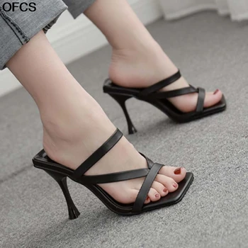 

Womens Slipper Shoes Fashion Vintage Square Toe Stiletto Heel Women Sandals Clip Narrow Band For Women Shoes Size 41