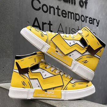 

WEH sneaker pikachu Shoes men Autumn Winter PU Leather Classic High Top Men Vulcanized Shoes Casual Men's Boots Male Cartoon