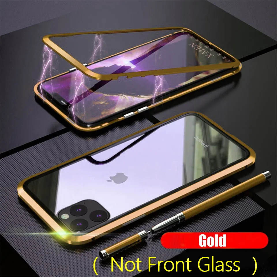 Металлический магнитный адсорбционный чехол для iphone 11 Pro Чехол XR XS MAX X Противоударная защита для iphone 7 8 6s Plus Задняя стеклянная крышка - Цвет: Gold