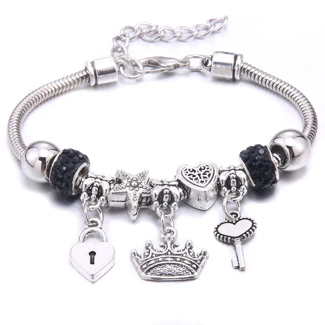 Antique Crown key lock Shape 6-colors crystal Charm Bracelets for Women Glass Beads Brand Bracelet & Bangle DIY Jewelry Gifts 1