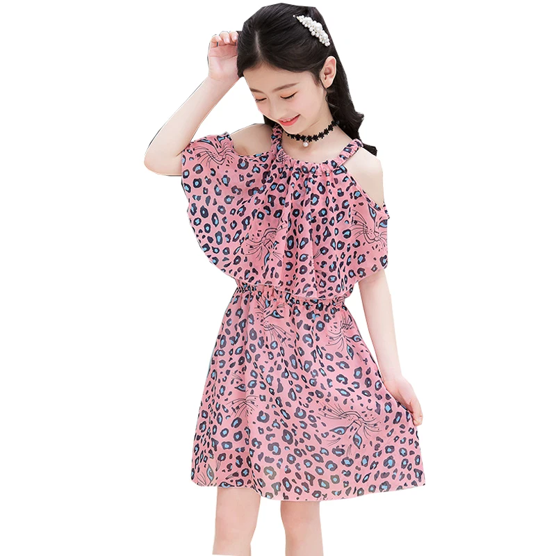 Платье для маленьких девочек; Летние шифоновые Детские Платья с цветочным рисунком для девочек; модная одежда принцессы с открытыми плечами для подростков