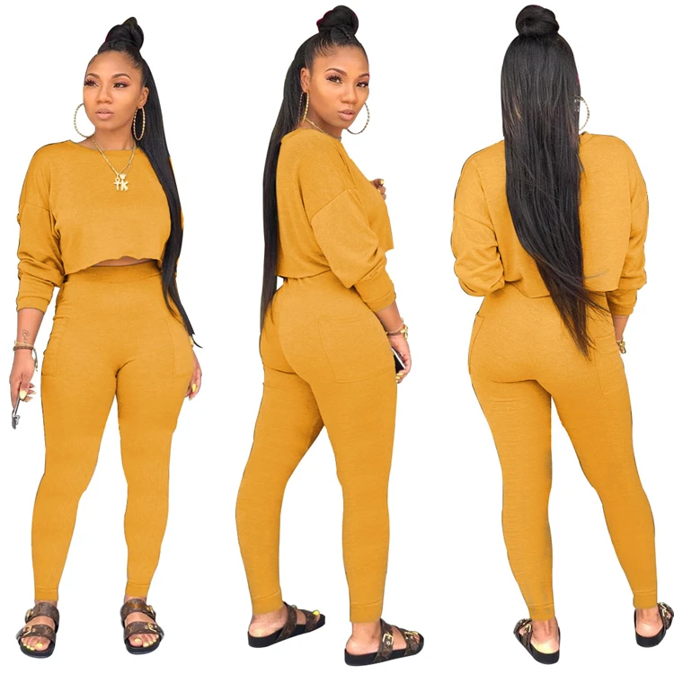 A080516 best price round neck solid candy color crop top pocket high waist ladies pants 2 piece sets