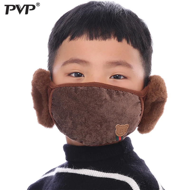 PVP модные зимние теплые 2 в 1 маска для рта наушники мультфильм пыли и ветра защитная маска для детей - Цвет: Brown