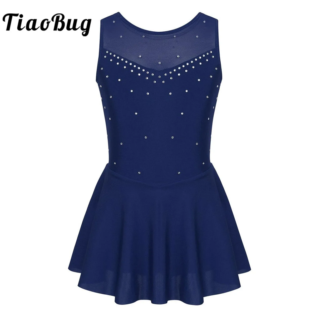 TiaoBug Kids Teens Sleeveless Sparkly Rhinestone Tulle Figure Skating Dress Gymnastics Leotard Girls Ballet Costume Dance Wear