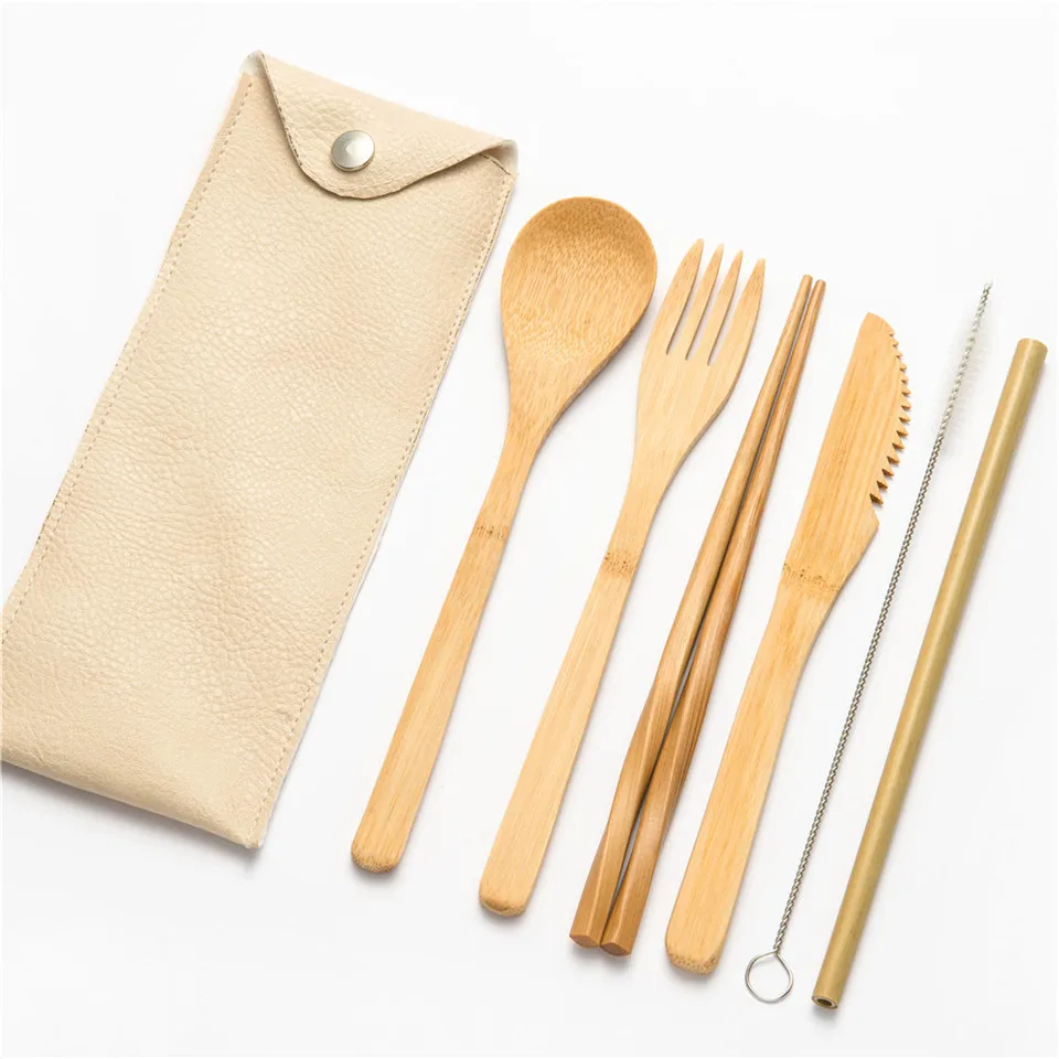 Многоразовый набор деревянных столовых приборов вилка ложка нож и зубная щетка палочки для еды со столовыми принадлежностями сумка бамбуковая Соломка для путешествия Кемпинг на открытом воздухе