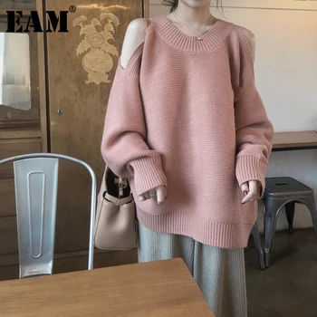

[EAM] Off Shoulder Big Size Knitting Sweater Loose Fit Round Neck Long Sleeve Women Pullovers New Fashion Autumn Winter 2020 1Y6