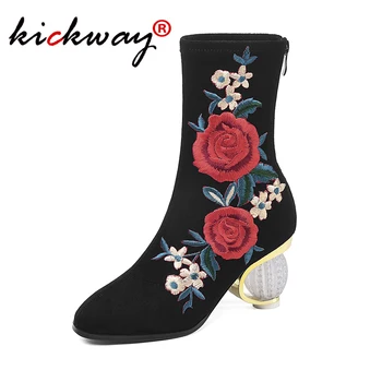 

2020 Spring Autumn Ethnic Embroidery Boots Women Strange Style Clear Heels For Women High Heel Ankle Boots Large Size 34-43