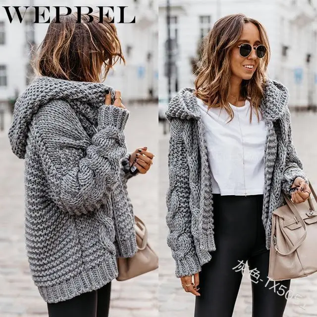 

WEPBEL Autumn Spring Women Long Cardigan Solid Hooded Cardigans Female Keep Warm Lantern Sleeve Sweater Loose Wool Knitted Coat