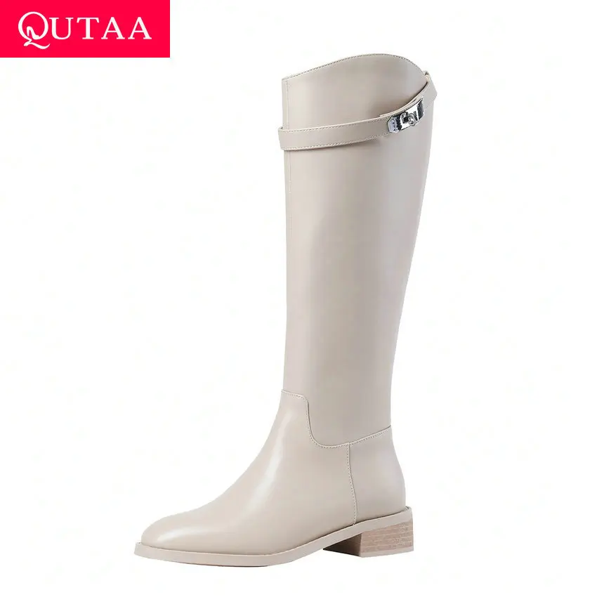 

QUTAA 2020 Round Toe Square High Heel Zipper Concise Women Shoes Cow Leather Metal Decoration Winter Knee High Boots Size 34-39