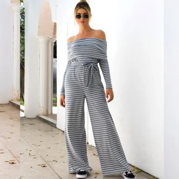 

Women Striped Loose Jumpsuit 2019 New Style Womens Long Sleeve Off-The-Shoulder Lace-up Leisure Jumpsuit