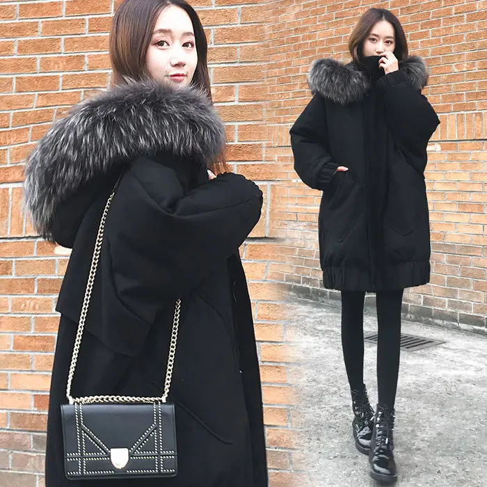 

Cotton Coat 2018 New Style Winter Mid-length Korean-style Loose Thick Large Fur Collar Cocoon Bat Sleeve Coat Fashion