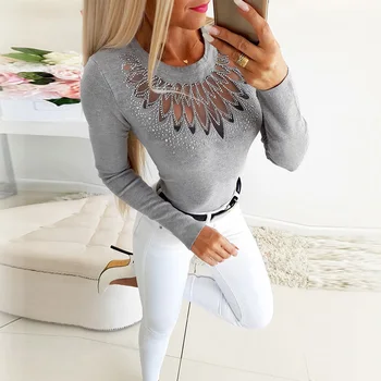 

Sale Women Knitted Long Sleeve T-shirt Tops 2020 Autumn Solid Mesh Hollow Out Rhinestone Tee Shirt Slim fit O Neck Camiseta D30