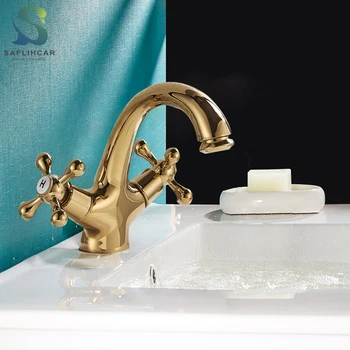 

Gold Bathroom Basin Sink Faucet Double Handle Hot and Cold Water Basin Faucet Deck Installation Bathroom Faucet Tap